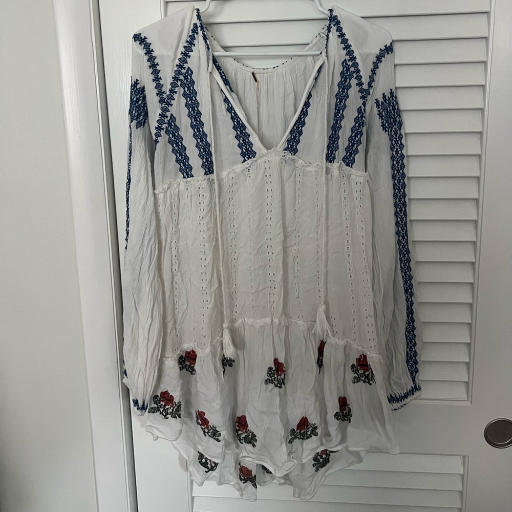 Free People White Roses Long Sleeve Mini Dress